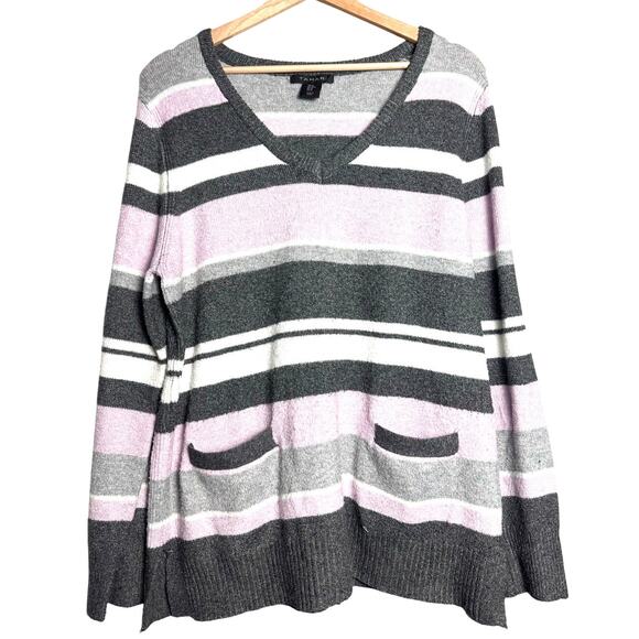Tahari Medium Striped Knit Sweater Gray Lavender White | Cozy Soft V-Neck - Picture 1 of 5